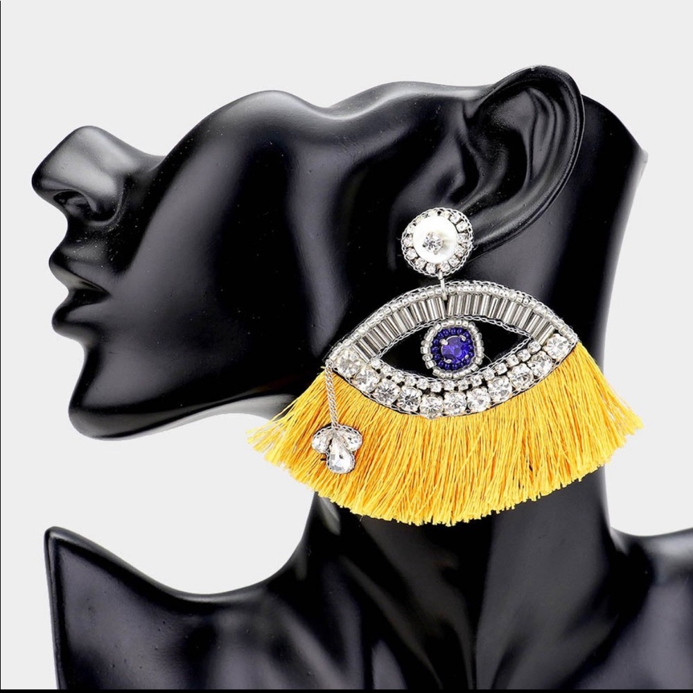 Pave the way Evil Eye Tassel Earrings